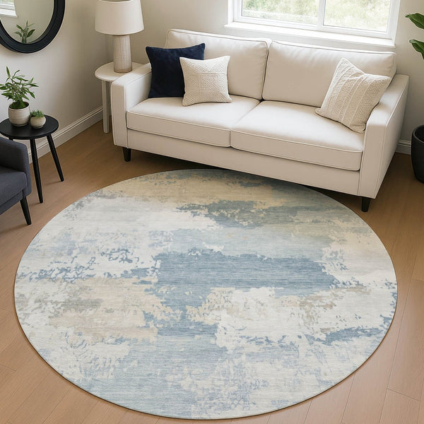 HomeRoots 8' Sky Blue and Ivory Round Abstract Washable Rug for Indoor/Outdoor Use - Durable and Stylish! 689403