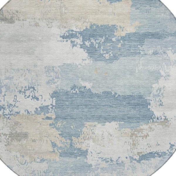 HomeRoots 8' Sky Blue and Ivory Round Abstract Washable Rug for Indoor/Outdoor Use - Durable and Stylish! 689403