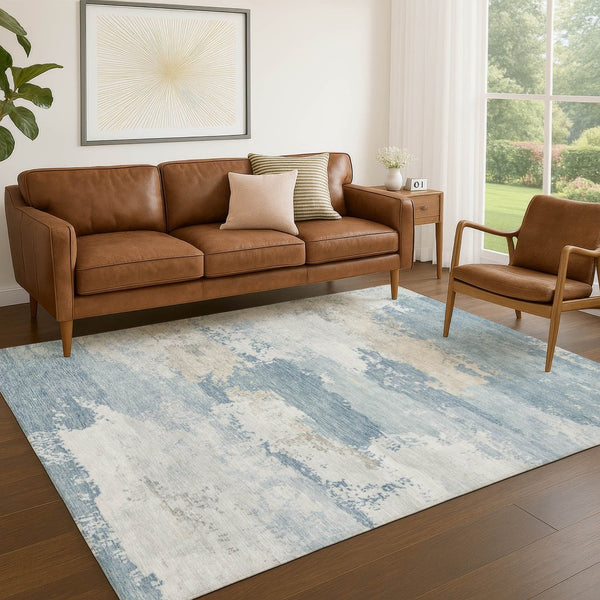 HomeRoots 9' X 12' Sky Blue and Ivory Abstract Area Rug - Stylish, Washable, Durable for Indoor & Outdoor Spaces 689405