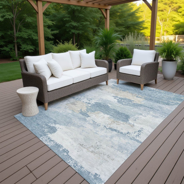 HomeRoots 9' X 12' Sky Blue and Ivory Abstract Area Rug - Stylish, Washable, Durable for Indoor & Outdoor Spaces 689405