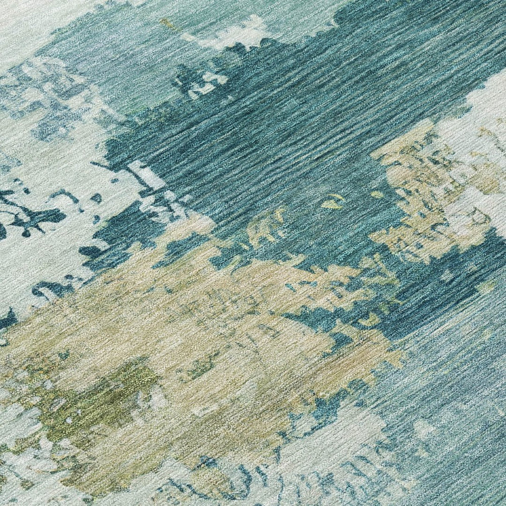 HomeRoots 5' Teal Blue & Beige Abstract Washable Area Rug – Stylish, Durable for Indoor & Outdoor Spaces! 689408
