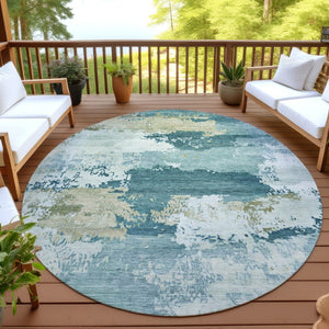 HomeRoots 8' Teal Blue and Beige Round Abstract Rug – Modern, Washable, Durable for Indoor & Outdoor Use 689409