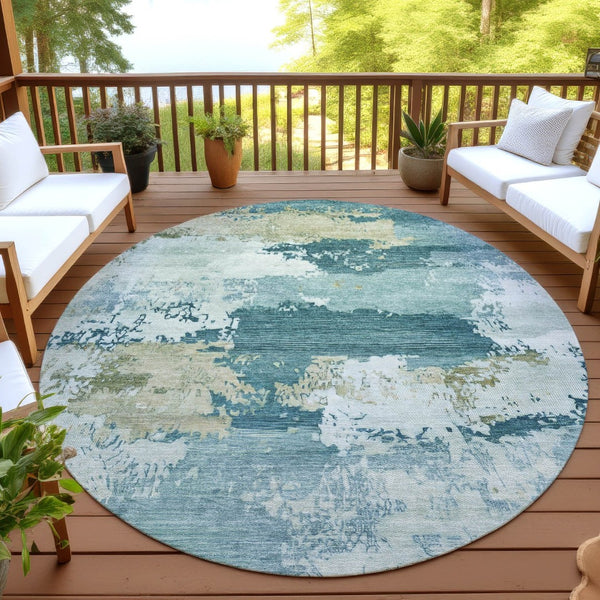 HomeRoots 8' Teal Blue and Beige Round Abstract Rug – Modern, Washable, Durable for Indoor & Outdoor Use 689409