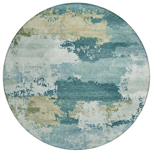 HomeRoots 8' Teal Blue and Beige Round Abstract Rug – Modern, Washable, Durable for Indoor & Outdoor Use 689409