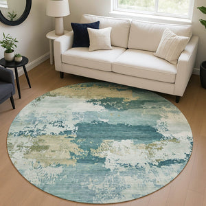HomeRoots 8' Teal Blue and Beige Round Abstract Rug – Modern, Washable, Durable for Indoor & Outdoor Use 689409