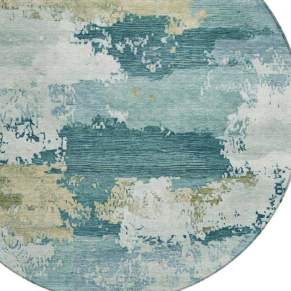 HomeRoots 8' Teal Blue and Beige Round Abstract Rug – Modern, Washable, Durable for Indoor & Outdoor Use 689409