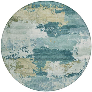 HomeRoots 8' Teal Blue and Beige Round Abstract Rug – Modern, Washable, Durable for Indoor & Outdoor Use 689409