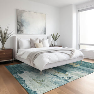 HomeRoots 9' X 12' Teal Blue & Beige Abstract Area Rug – Washable, Stain-Resistant, Indoor/Outdoor Versatility! 689411