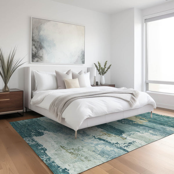 HomeRoots 9' X 12' Teal Blue & Beige Abstract Area Rug – Washable, Stain-Resistant, Indoor/Outdoor Versatility! 689411