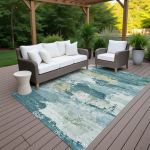 HomeRoots 9' X 12' Teal Blue & Beige Abstract Area Rug – Washable, Stain-Resistant, Indoor/Outdoor Versatility! 689411