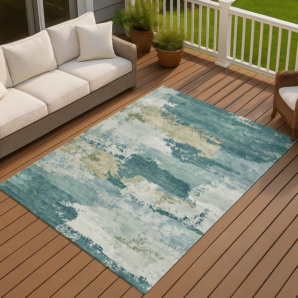 HomeRoots 10' Teal Blue and Beige Abstract Area Rug - Washable, Indoor/Outdoor, Stain Resistant, Durable Design 689412