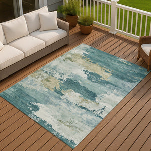 HomeRoots 10' Teal Blue and Beige Abstract Area Rug - Washable, Indoor/Outdoor, Stain Resistant, Durable Design 689412