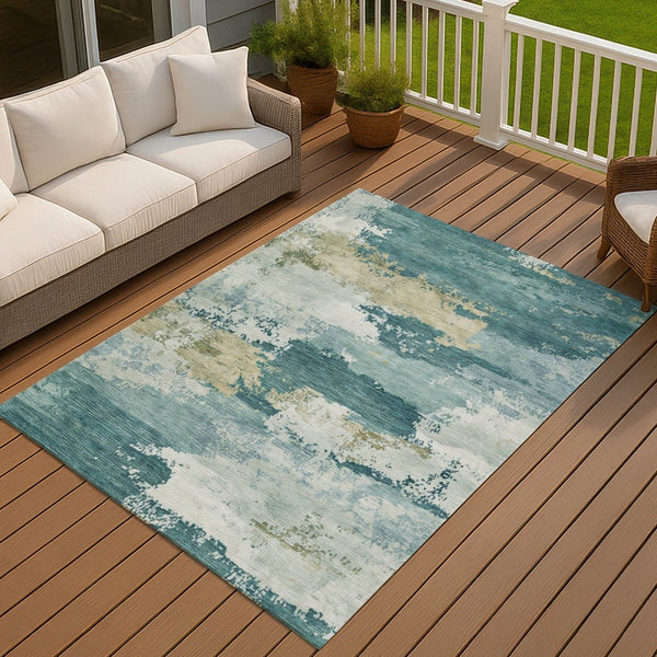 HomeRoots 10' Teal Blue and Beige Abstract Area Rug - Washable, Indoor/Outdoor, Stain Resistant, Durable Design 689412