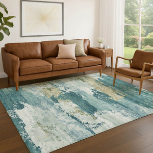 HomeRoots 10' Teal Blue and Beige Abstract Area Rug - Washable, Indoor/Outdoor, Stain Resistant, Durable Design 689412
