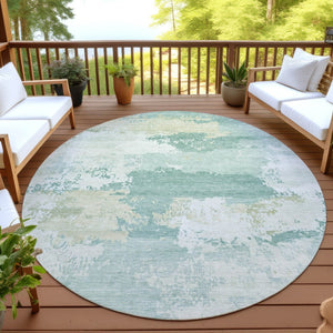 HomeRoots 8' Turquoise & Ivory Round Rug - Modern Abstract Indoor/Outdoor, Washable, Durable & Stylish Design 689415