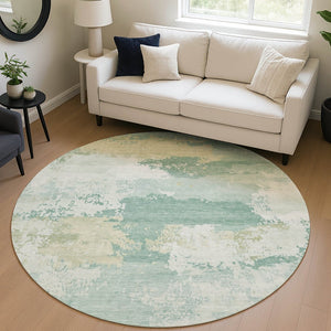 HomeRoots 8' Turquoise & Ivory Round Rug - Modern Abstract Indoor/Outdoor, Washable, Durable & Stylish Design 689415