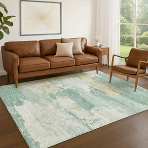 HomeRoots 9' X 12' Turquoise & Ivory Abstract Washable Rug - Stylish, Durable, Indoor/Outdoor for High-Traffic Areas 689417