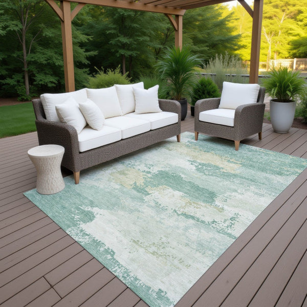HomeRoots 9' X 12' Turquoise & Ivory Abstract Washable Rug - Stylish, Durable, Indoor/Outdoor for High-Traffic Areas 689417