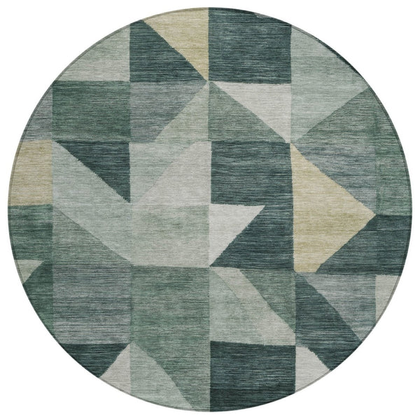 HomeRoots 8' Stylish Artichoke Green and Wheat Round Geometric Area Rug – Durable, Washable, Indoor/Outdoor Use 689421