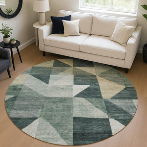 HomeRoots 8' Stylish Artichoke Green and Wheat Round Geometric Area Rug – Durable, Washable, Indoor/Outdoor Use 689421