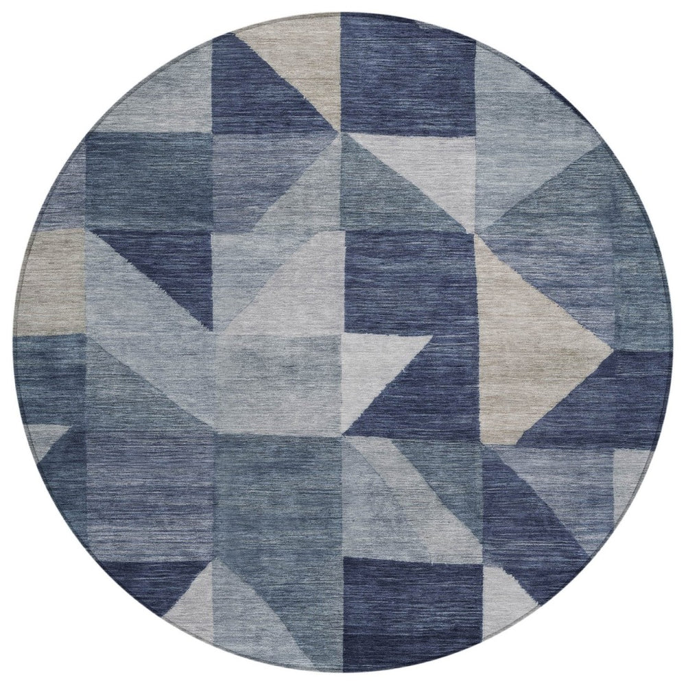 HomeRoots 8' Durable Blue & Wheat Geometric Round Area Rug - Washable Indoor/Outdoor Design for Easy Care 689427