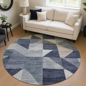 HomeRoots 8' Durable Blue & Wheat Geometric Round Area Rug - Washable Indoor/Outdoor Design for Easy Care 689427