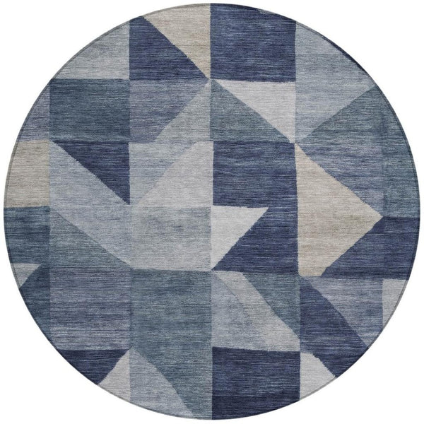 HomeRoots 8' Durable Blue & Wheat Geometric Round Area Rug - Washable Indoor/Outdoor Design for Easy Care 689427