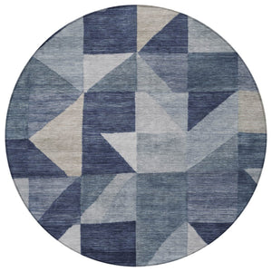 HomeRoots 8' Durable Blue & Wheat Geometric Round Area Rug - Washable Indoor/Outdoor Design for Easy Care 689427