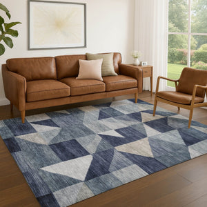 HomeRoots 9' X 12' Washable Blue and Wheat Geometric Area Rug - Stylish, Durable, Perfect for Indoor/Outdoor Use 689429