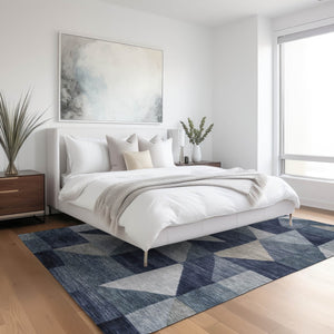 HomeRoots 9' X 12' Washable Blue and Wheat Geometric Area Rug - Stylish, Durable, Perfect for Indoor/Outdoor Use 689429