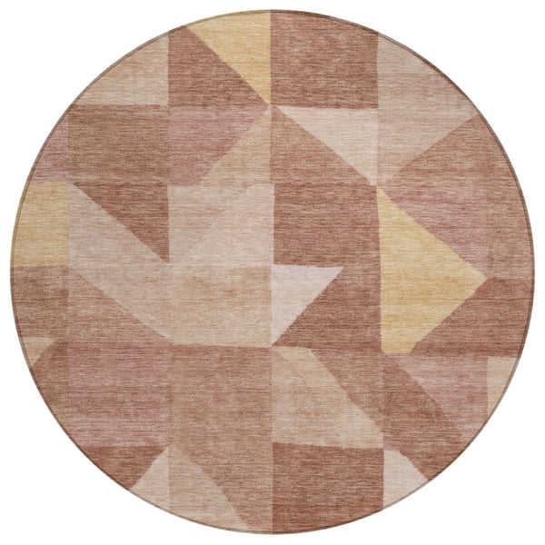 HomeRoots 8' Blush and Wheat Round Geometric Washable Rug – Stylish Indoor/Outdoor Decor for High Traffic Areas 689433