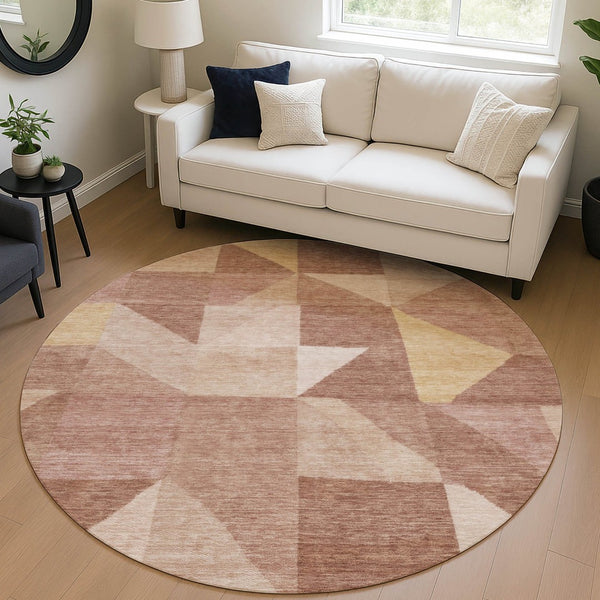 HomeRoots 8' Blush and Wheat Round Geometric Washable Rug – Stylish Indoor/Outdoor Decor for High Traffic Areas 689433