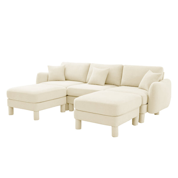 English Elm Boucle U-Shape Sectional Sofa With Shell Armrests & Movable Ottomans - Modern Beige Comfort Piece W3041S00278