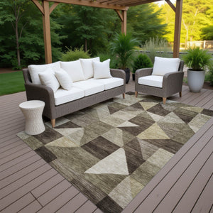 HomeRoots 9' X 12' Stylish Brown & Beige Geometric Washable Area Rug for Indoor & Outdoor High-Traffic Spaces 689441