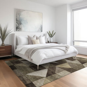 HomeRoots 10' Geometric Brown and Beige Washable Area Rug - Durable Indoor/Outdoor Design for High-Traffic Spaces 689442