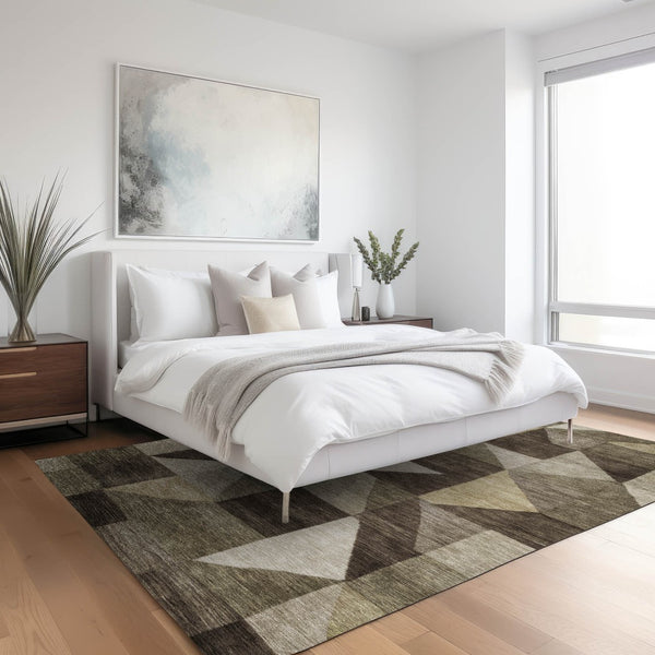 HomeRoots 10' Geometric Brown and Beige Washable Area Rug - Durable Indoor/Outdoor Design for High-Traffic Spaces 689442
