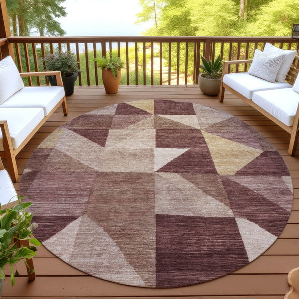 HomeRoots 8' Burgundy Round Geometric Area Rug - Stylish, Washable, Durable for Indoor & Outdoor Spaces 689445