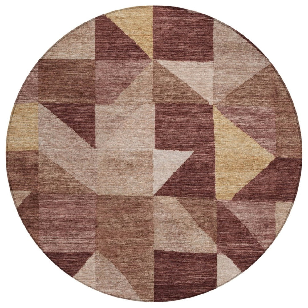 HomeRoots 8' Burgundy Round Geometric Area Rug - Stylish, Washable, Durable for Indoor & Outdoor Spaces 689445