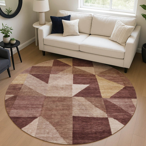 HomeRoots 8' Burgundy Round Geometric Area Rug - Stylish, Washable, Durable for Indoor & Outdoor Spaces 689445