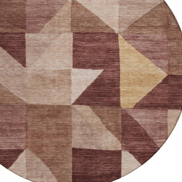 HomeRoots 8' Burgundy Round Geometric Area Rug - Stylish, Washable, Durable for Indoor & Outdoor Spaces 689445