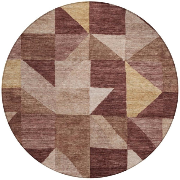 HomeRoots 8' Burgundy Round Geometric Area Rug - Stylish, Washable, Durable for Indoor & Outdoor Spaces 689445