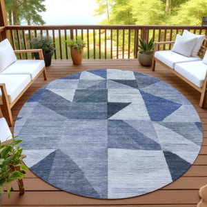 HomeRoots 8' Denim Blue and Ivory Geometric Round Rug – Stylish, Washable, Stain-Resistant for Indoor/Outdoor Use 689451