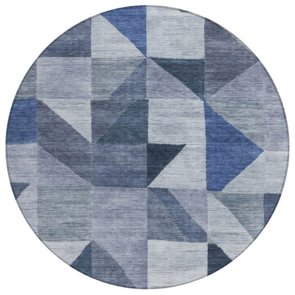 HomeRoots 8' Denim Blue and Ivory Geometric Round Rug – Stylish, Washable, Stain-Resistant for Indoor/Outdoor Use 689451