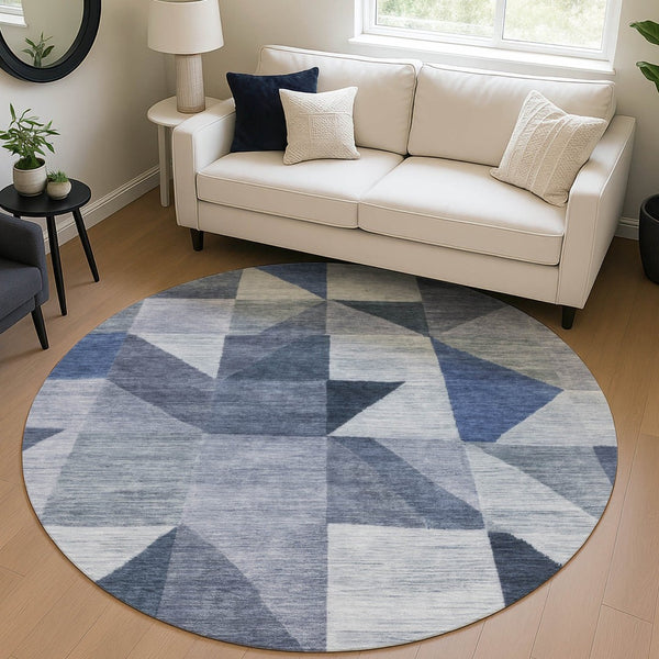 HomeRoots 8' Denim Blue and Ivory Geometric Round Rug – Stylish, Washable, Stain-Resistant for Indoor/Outdoor Use 689451