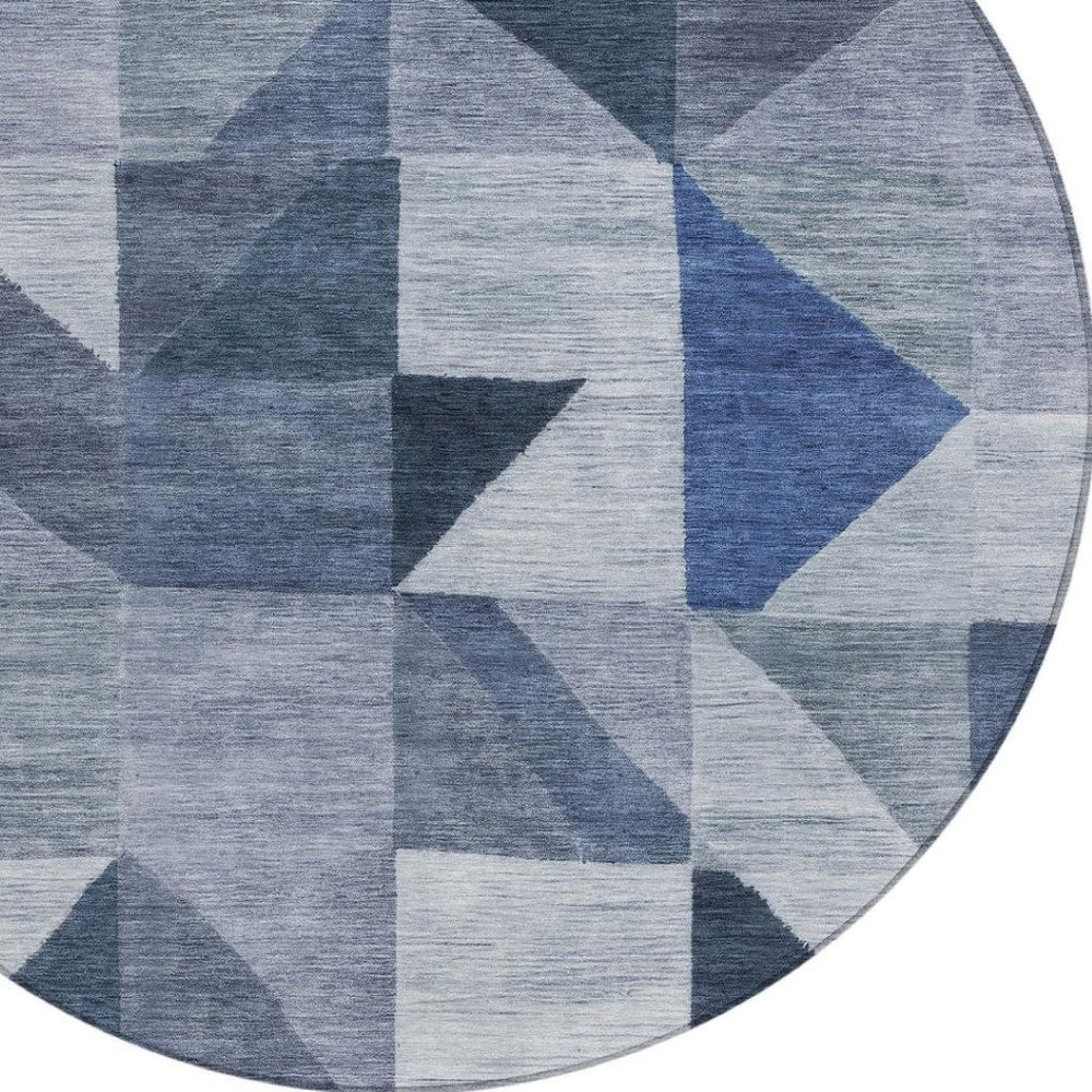 HomeRoots 8' Denim Blue and Ivory Geometric Round Rug – Stylish, Washable, Stain-Resistant for Indoor/Outdoor Use 689451