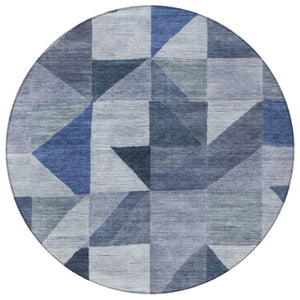 HomeRoots 8' Denim Blue and Ivory Geometric Round Rug – Stylish, Washable, Stain-Resistant for Indoor/Outdoor Use 689451