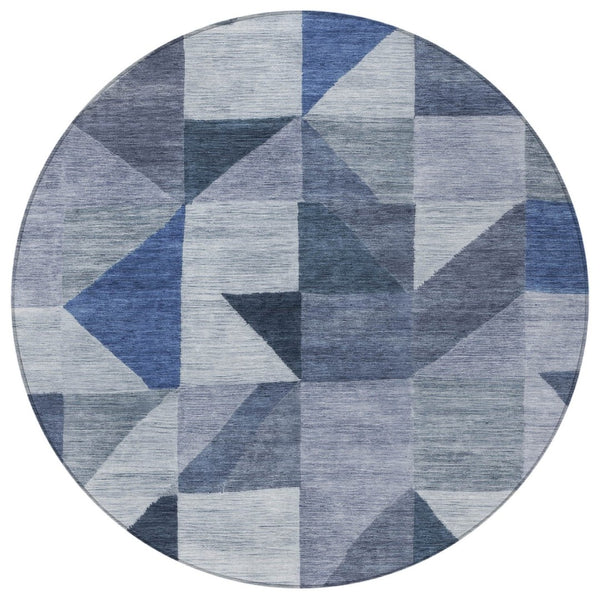 HomeRoots 8' Denim Blue and Ivory Geometric Round Rug – Stylish, Washable, Stain-Resistant for Indoor/Outdoor Use 689451