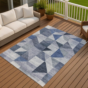 HomeRoots 9' X 12' Denim Blue Geometric Rug – Indoor/Outdoor, Washable, Stain-Resistant, Stylish & Durable! 689453