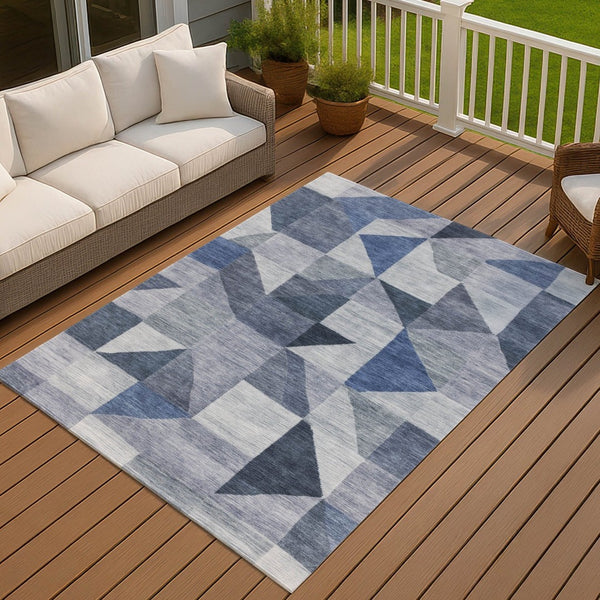 HomeRoots 9' X 12' Denim Blue Geometric Rug – Indoor/Outdoor, Washable, Stain-Resistant, Stylish & Durable! 689453
