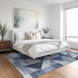 HomeRoots 9' X 12' Denim Blue Geometric Rug – Indoor/Outdoor, Washable, Stain-Resistant, Stylish & Durable! 689453